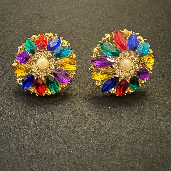 Large Gorgeous Clip Earrings Holiday Rainbow of Colors - Picture 1 of 7